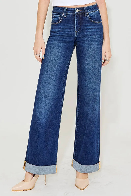 RISEN Plus Size Tummy Control High Rise Wide Leg Cuffed Jeans - Fashorio