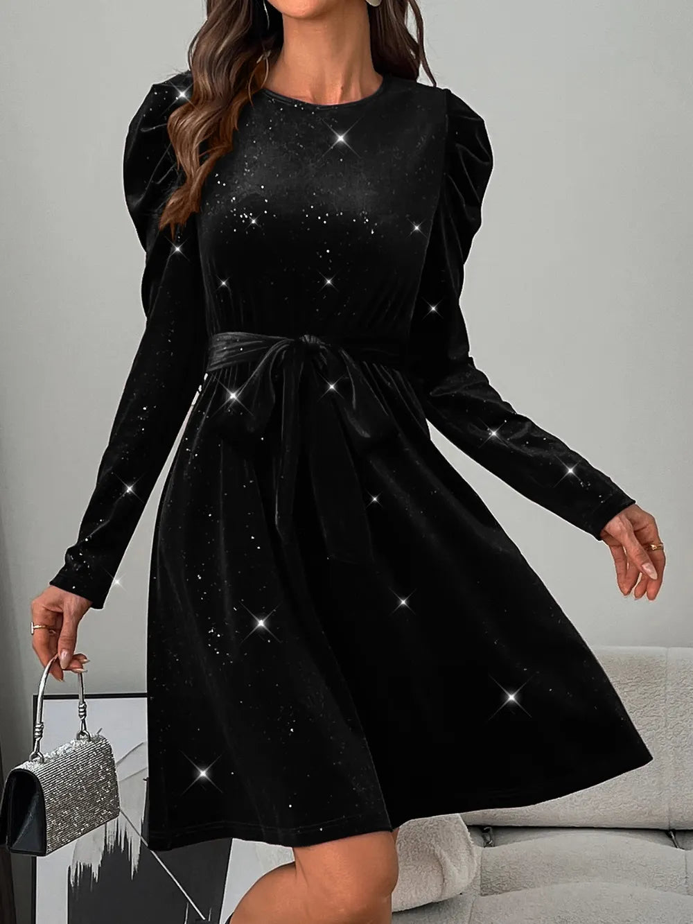 glitter round neck puff sleeve dress back detail