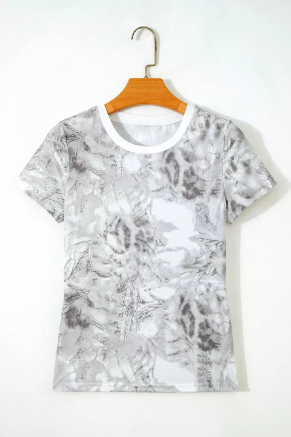 Light gray abstract woodland print slim t shirt, styled on model