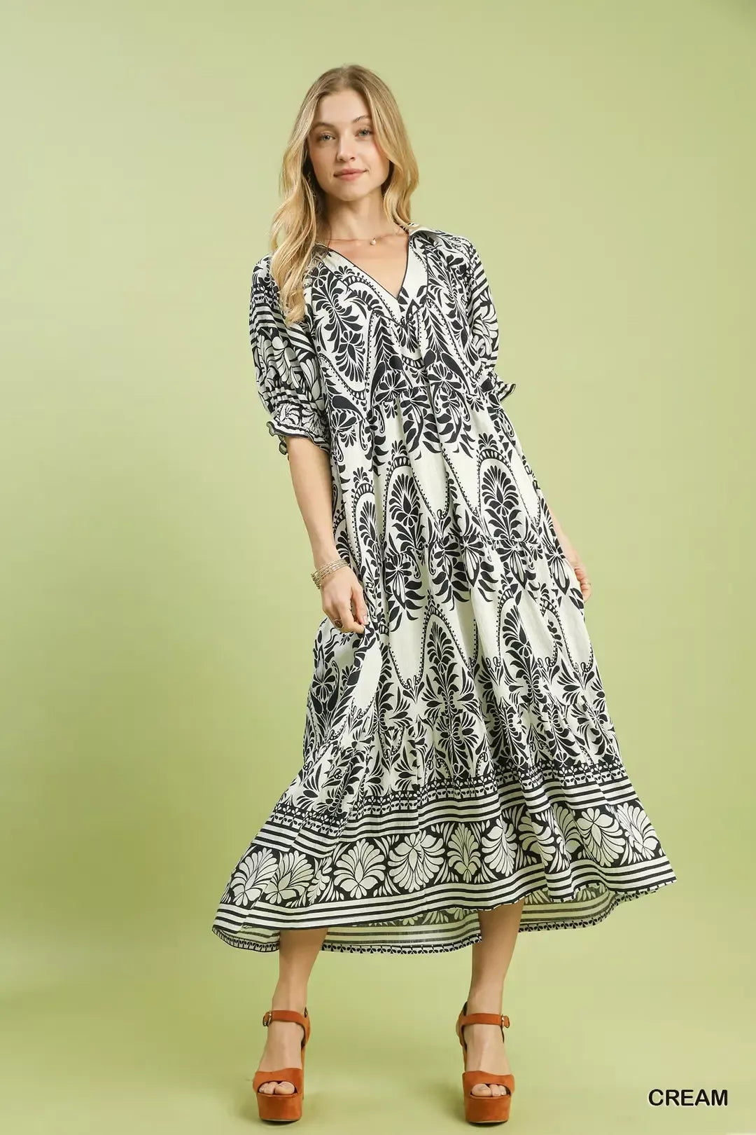 Two tone Border Print Midi Dress back view