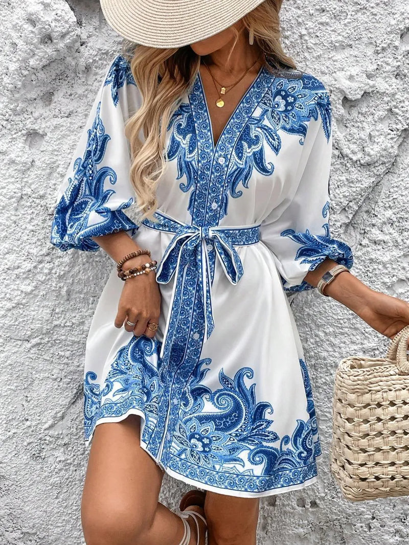 Paisley V neck three quarter sleeve mini dress front view