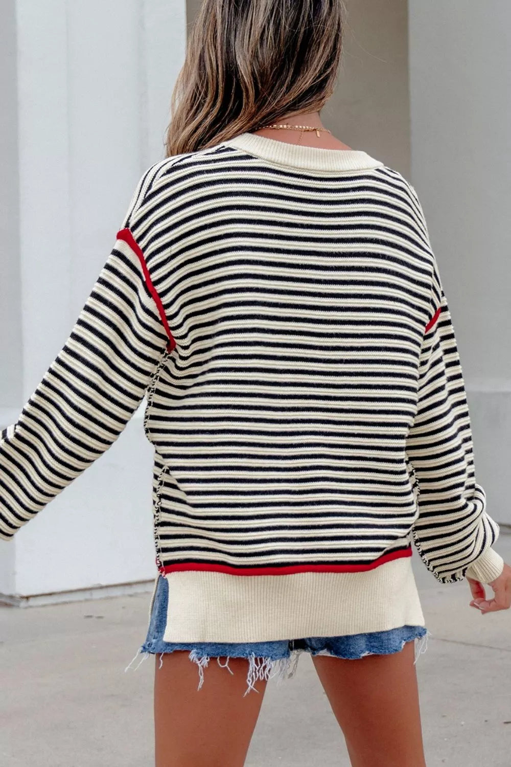 Striped Ribbed Drop Shoulder Oversized Sweater detail