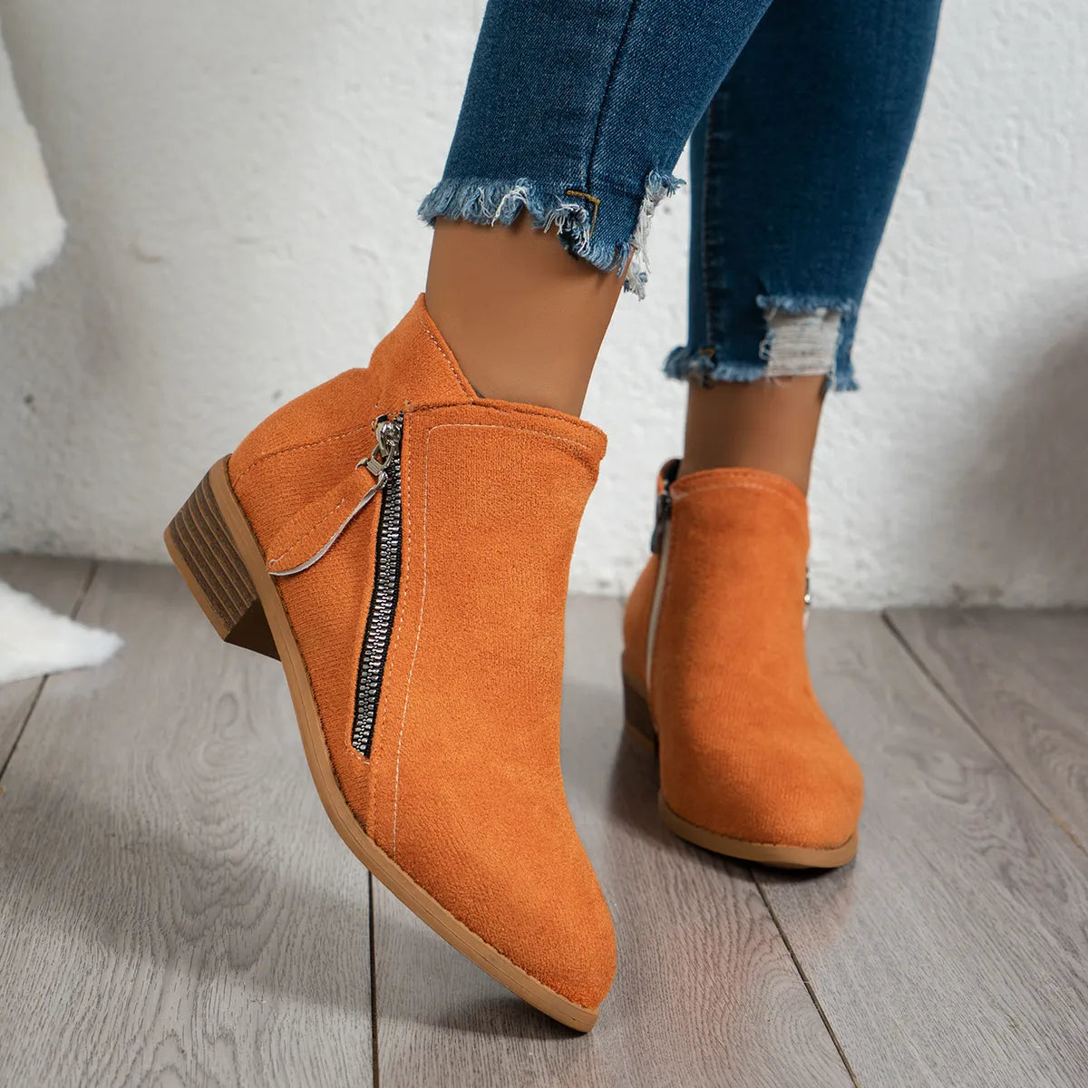 Side Zip Ankle Boots with Block Heel - Fashorio