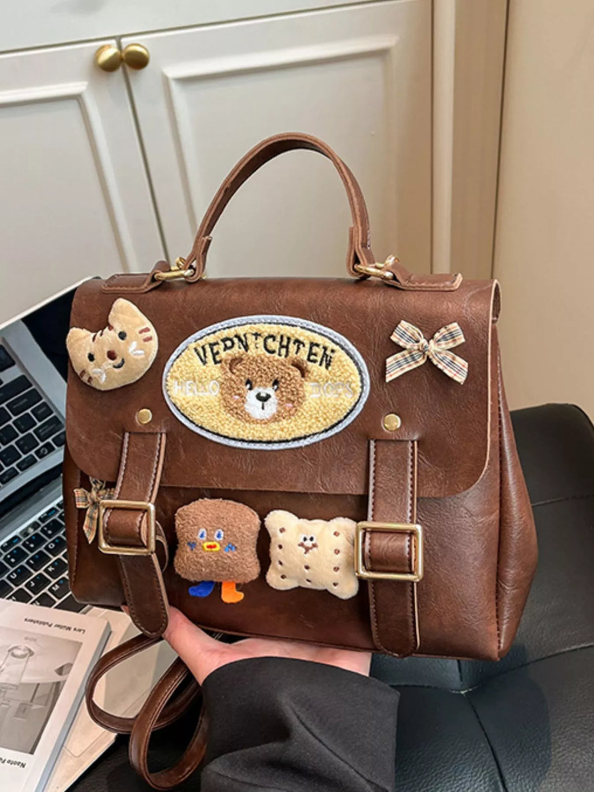 Bear decor mini backpack back with straps