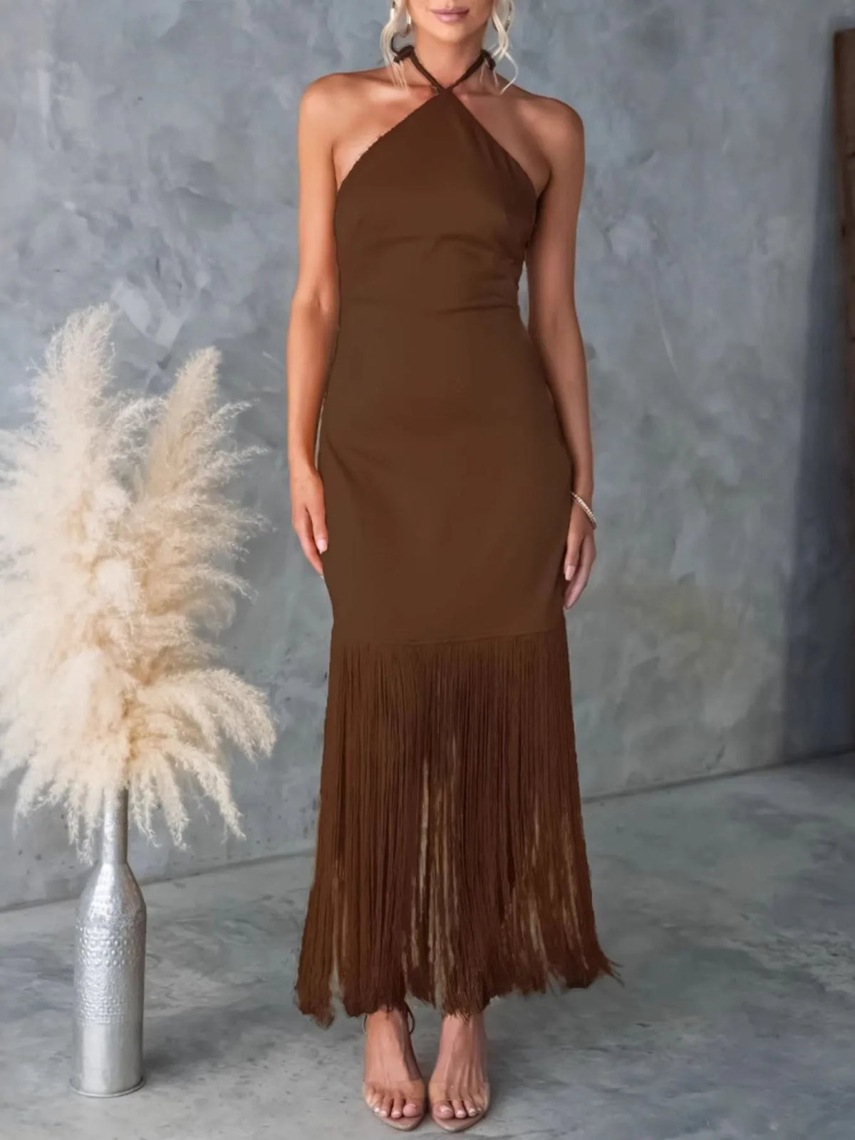 Fringe halter neck backless dress side view