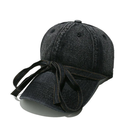 Washed Bow Denim Baseball Cap Black One Size - Fashorio