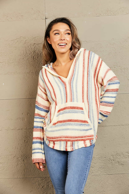 Striped Hooded Sweater with Kangaroo Pocket - Fashorio