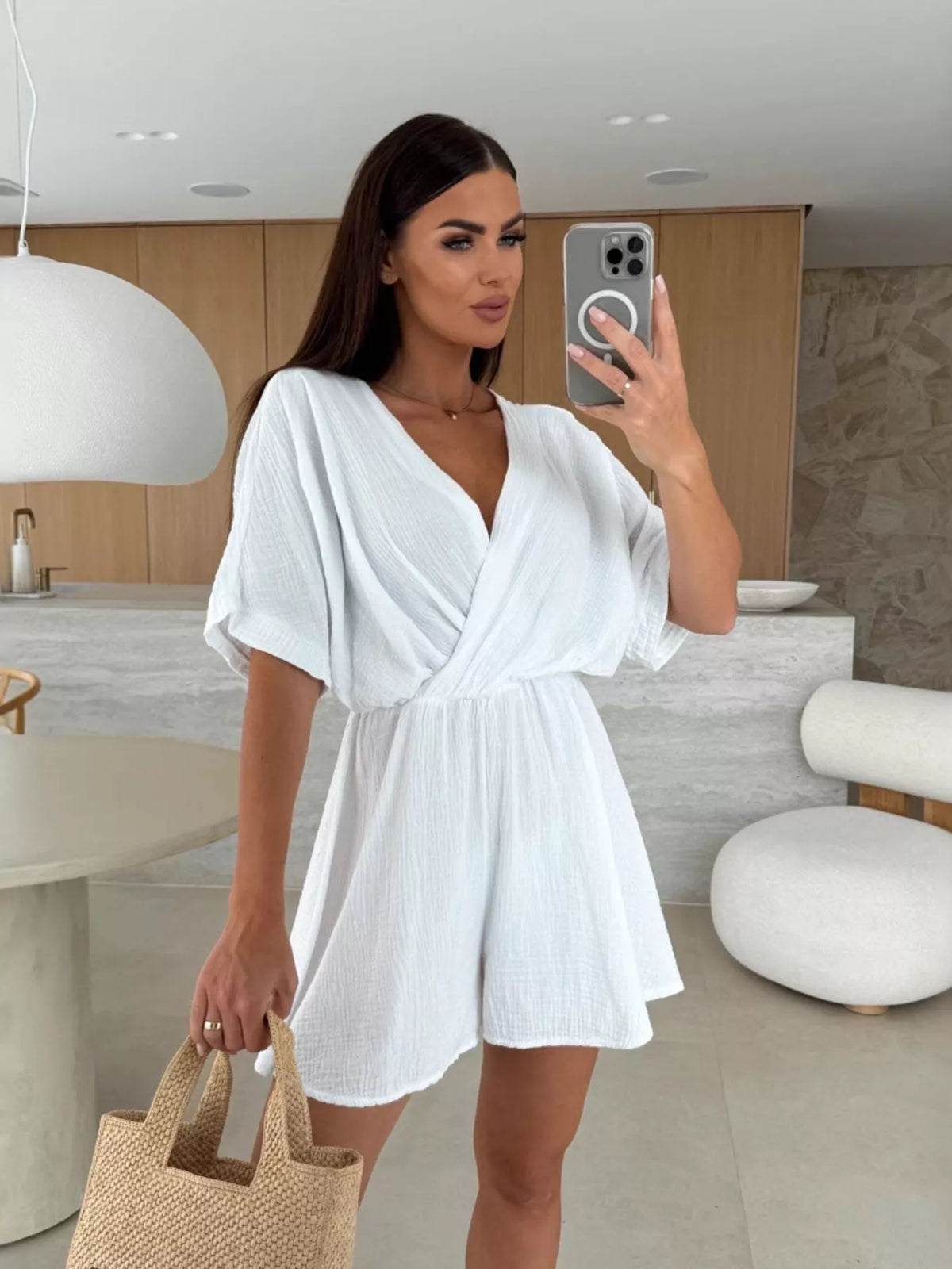 Surplice wrap front short sleeve romper side view