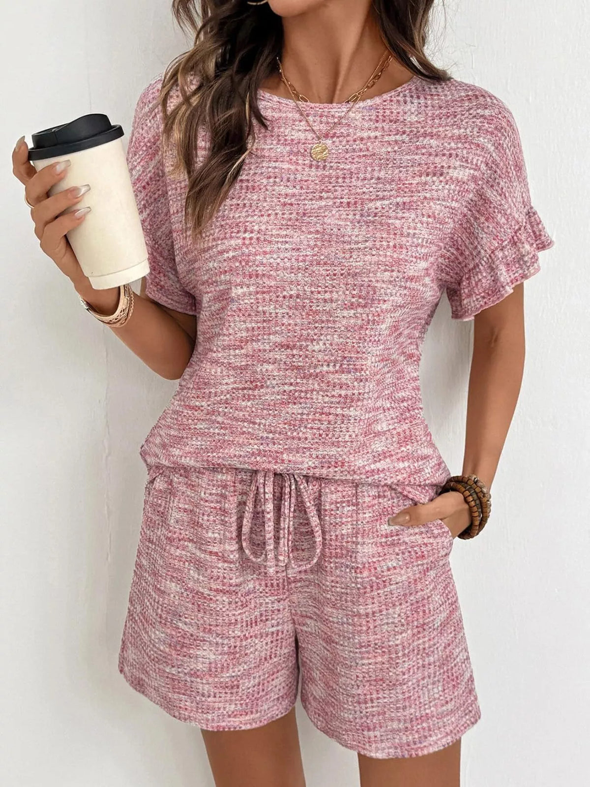 Ruffle sleeve textured top and shorts set front view