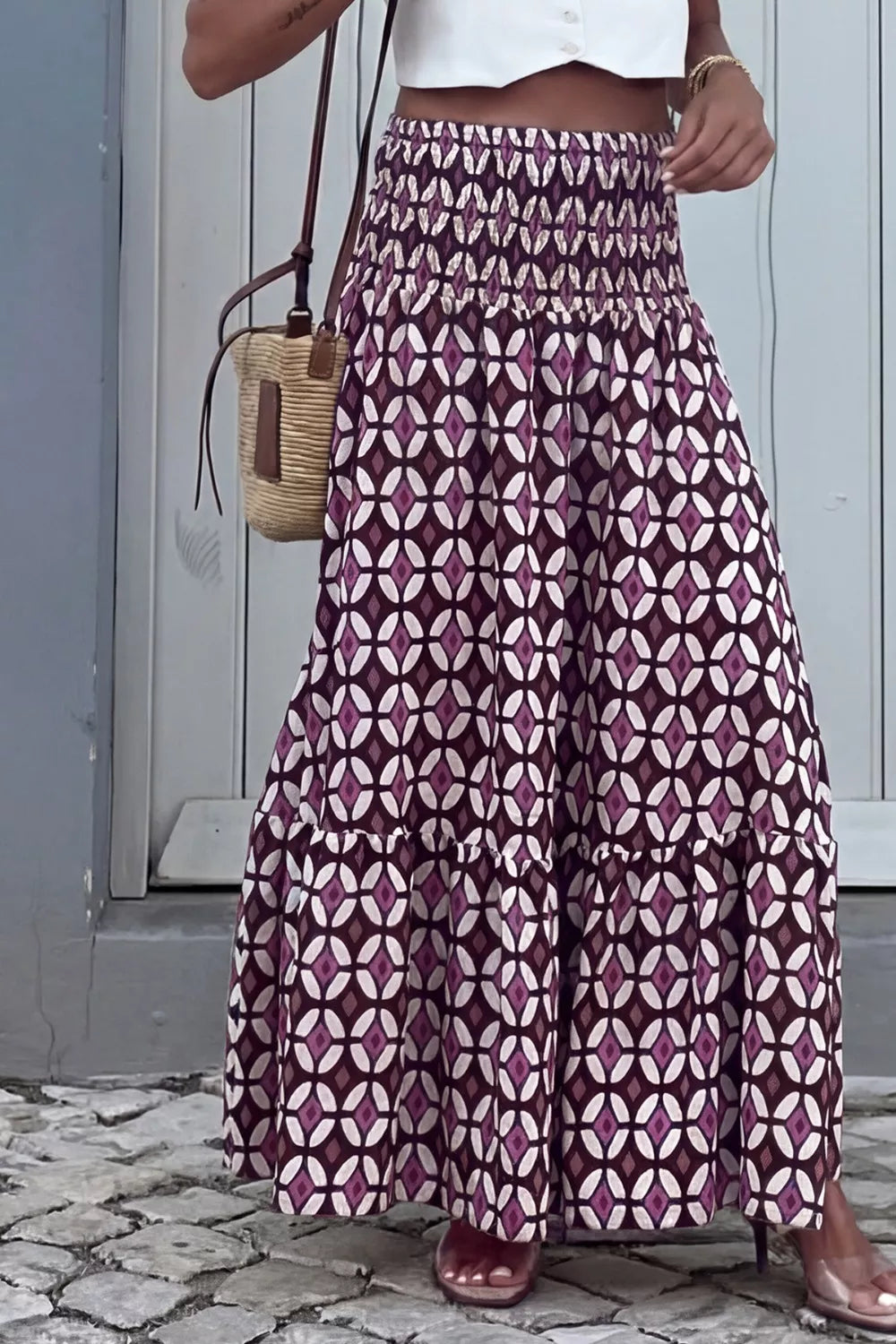 Mauve geometric print maxi skirt tiered hem detail