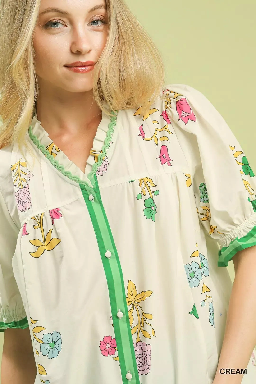 Cream Umgee petal print button down cotton blouse front view