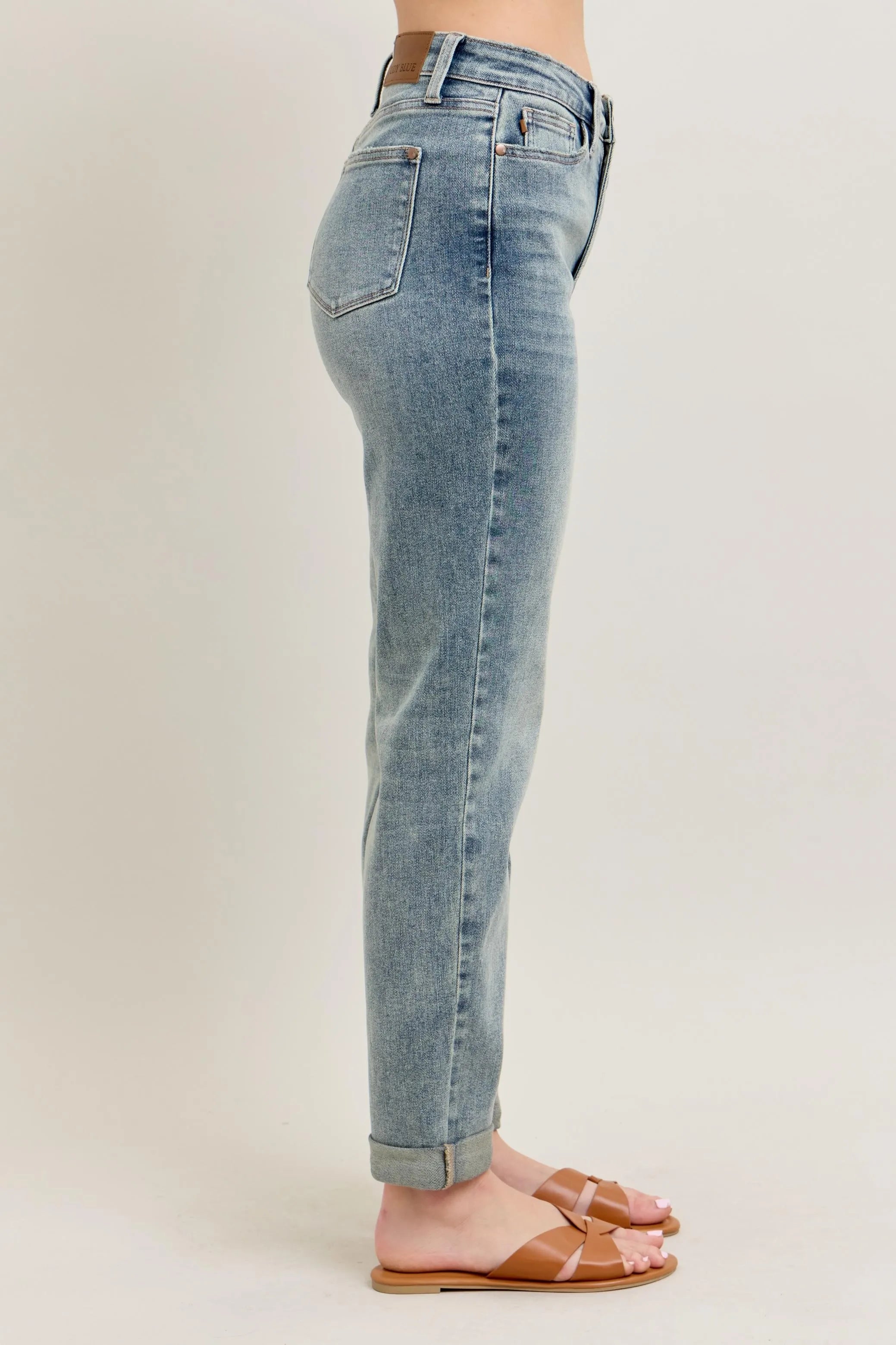 Judy Blue Full Size Hw Vintage Wash Double Roll Cuff Bf Jeans Plus Size - Fashorio