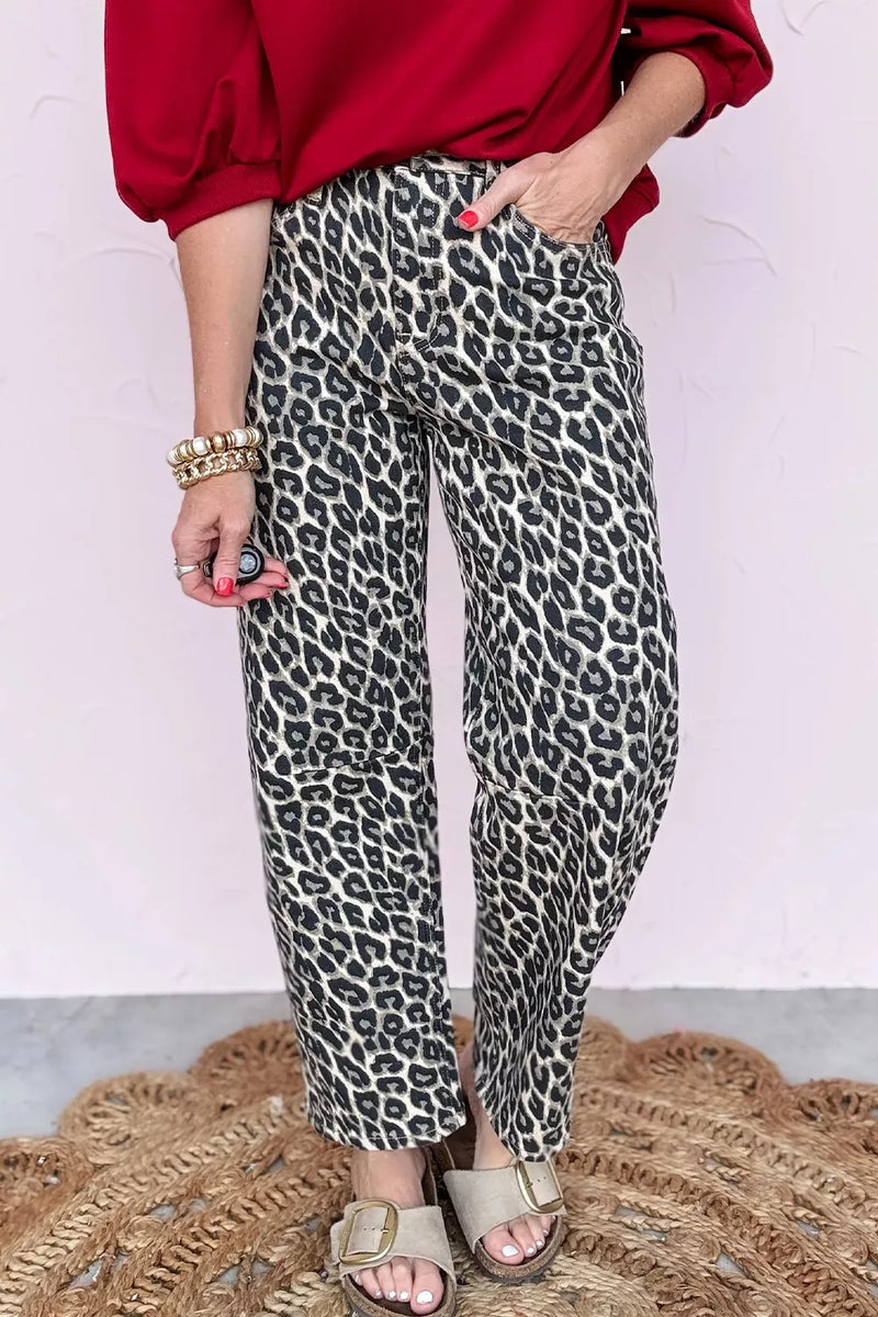 Leopard print barrel jeans front view