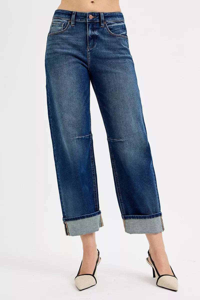 RISEN slouchy crop barrel jeans dark wash front view