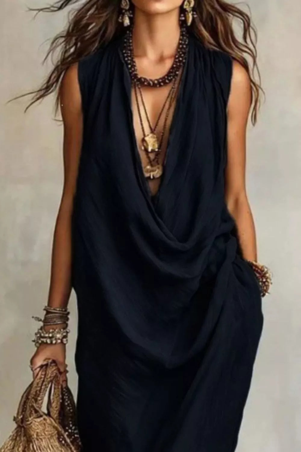 Sleeveless drape cowl neck midi dress back view