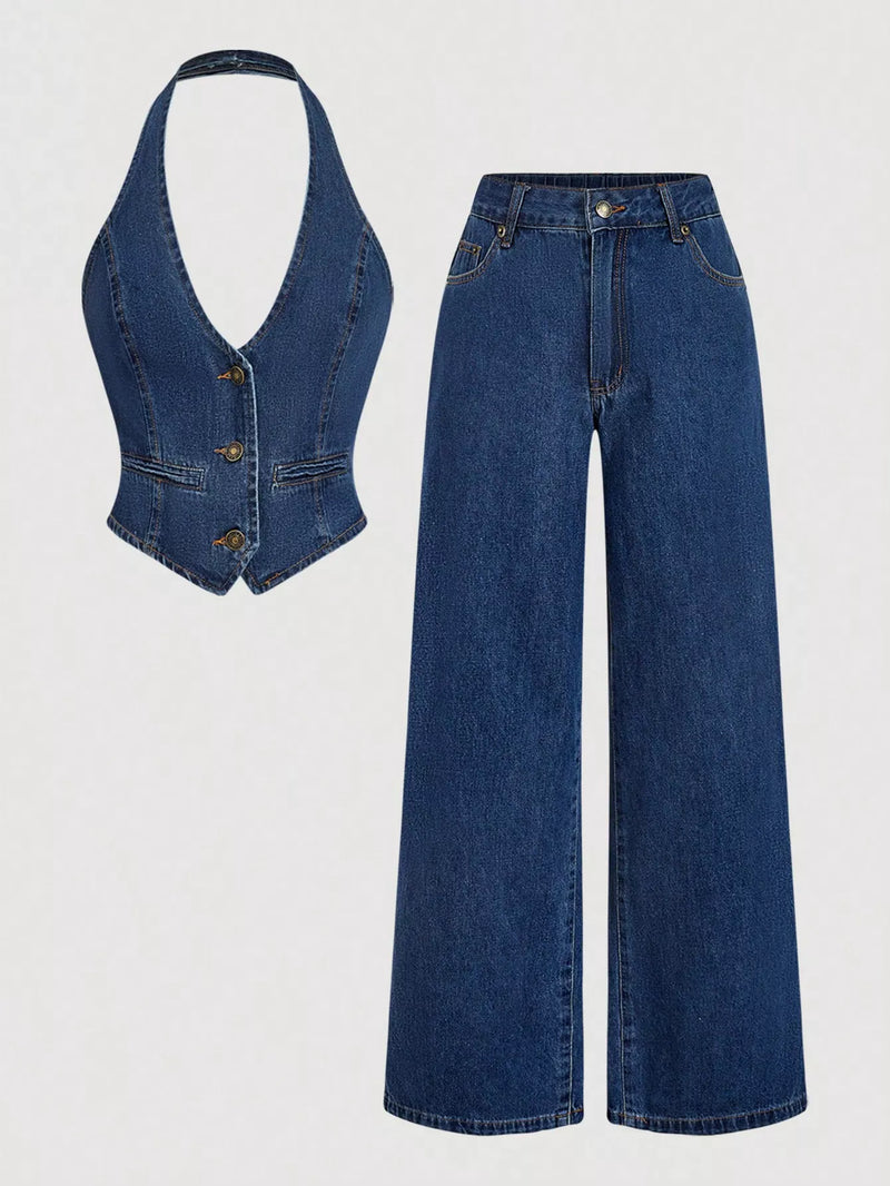 Halter neck denim vest and wide leg jeans two piece set front view
