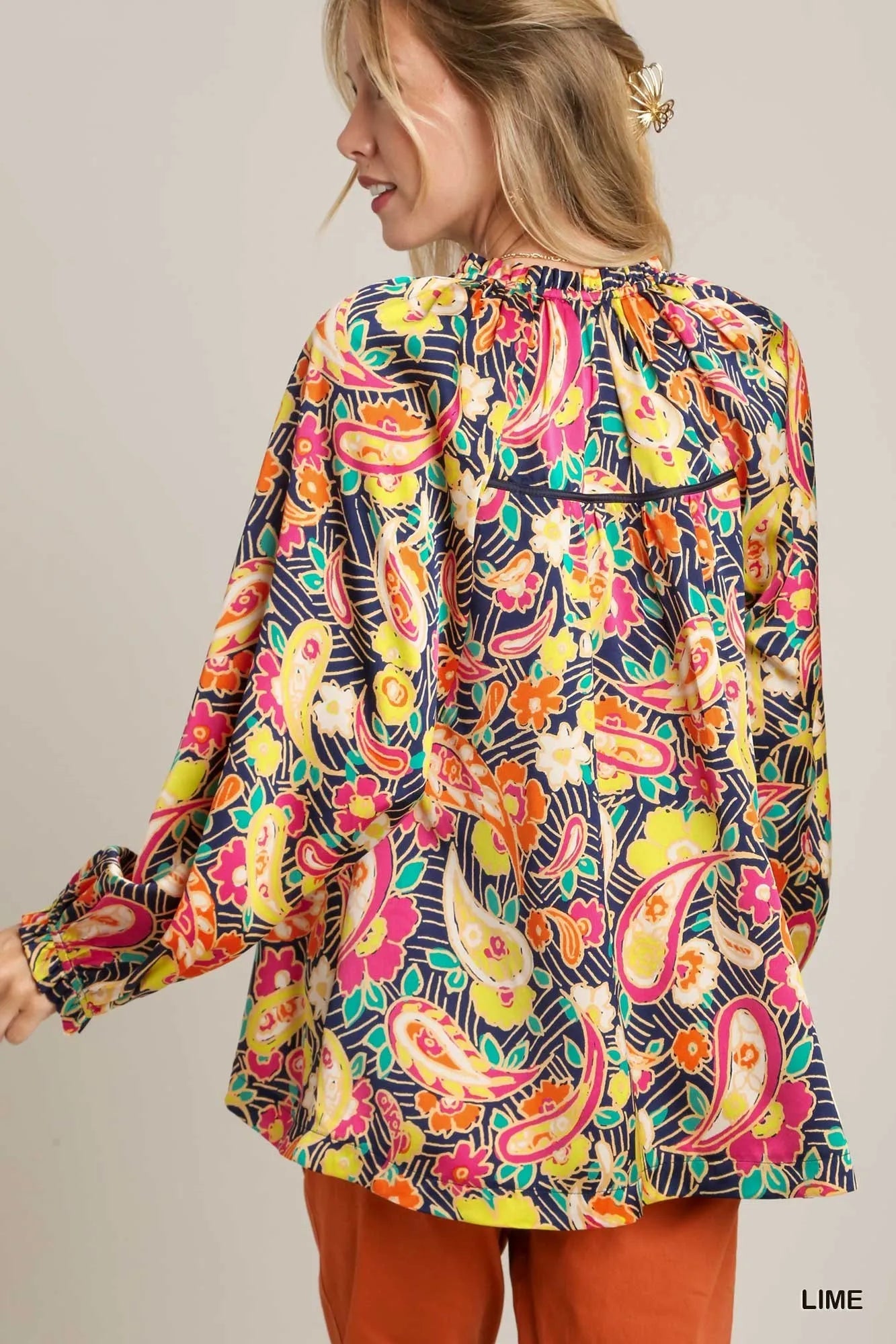 Umgee Full Size Satin Paisley Ruffle Neck Button-Up Shirt Plus Size - Fashorio