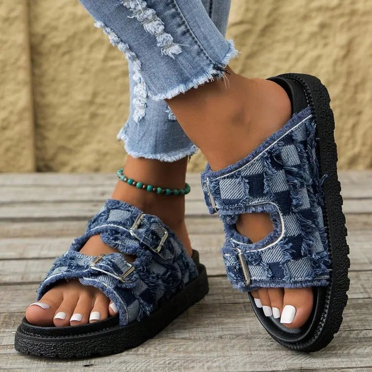 Checkered buckle sandals top down view