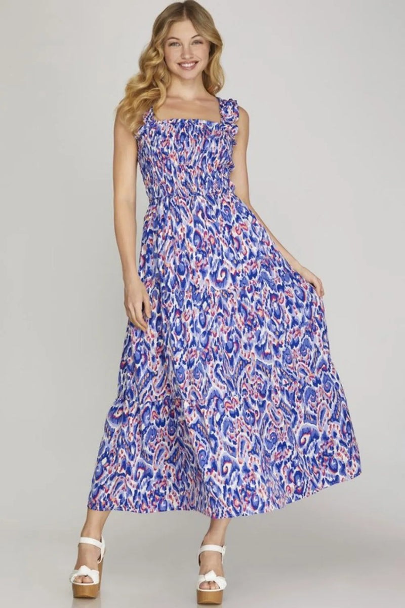 Smocked Printed Wide Strap Tiered Dress