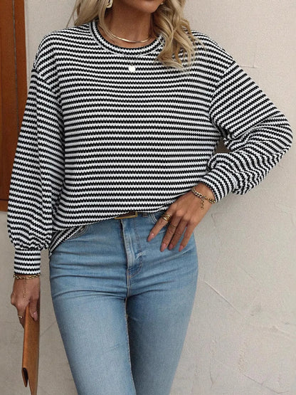 Striped Round Neck Lantern Sleeve Top - Fashorio
