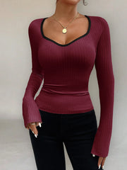 Ribbed Long Sleeve Fitted T-Shirt Burgundy - Fashorio