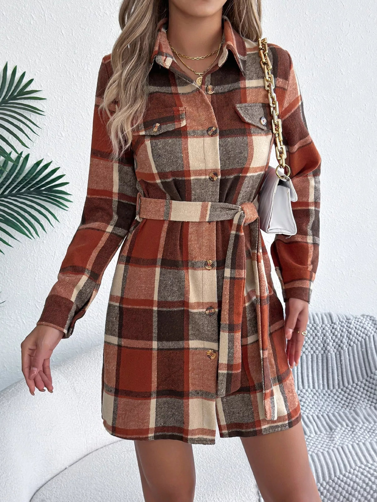 Plaid Tie Waist Shirt Dress in Green view 12