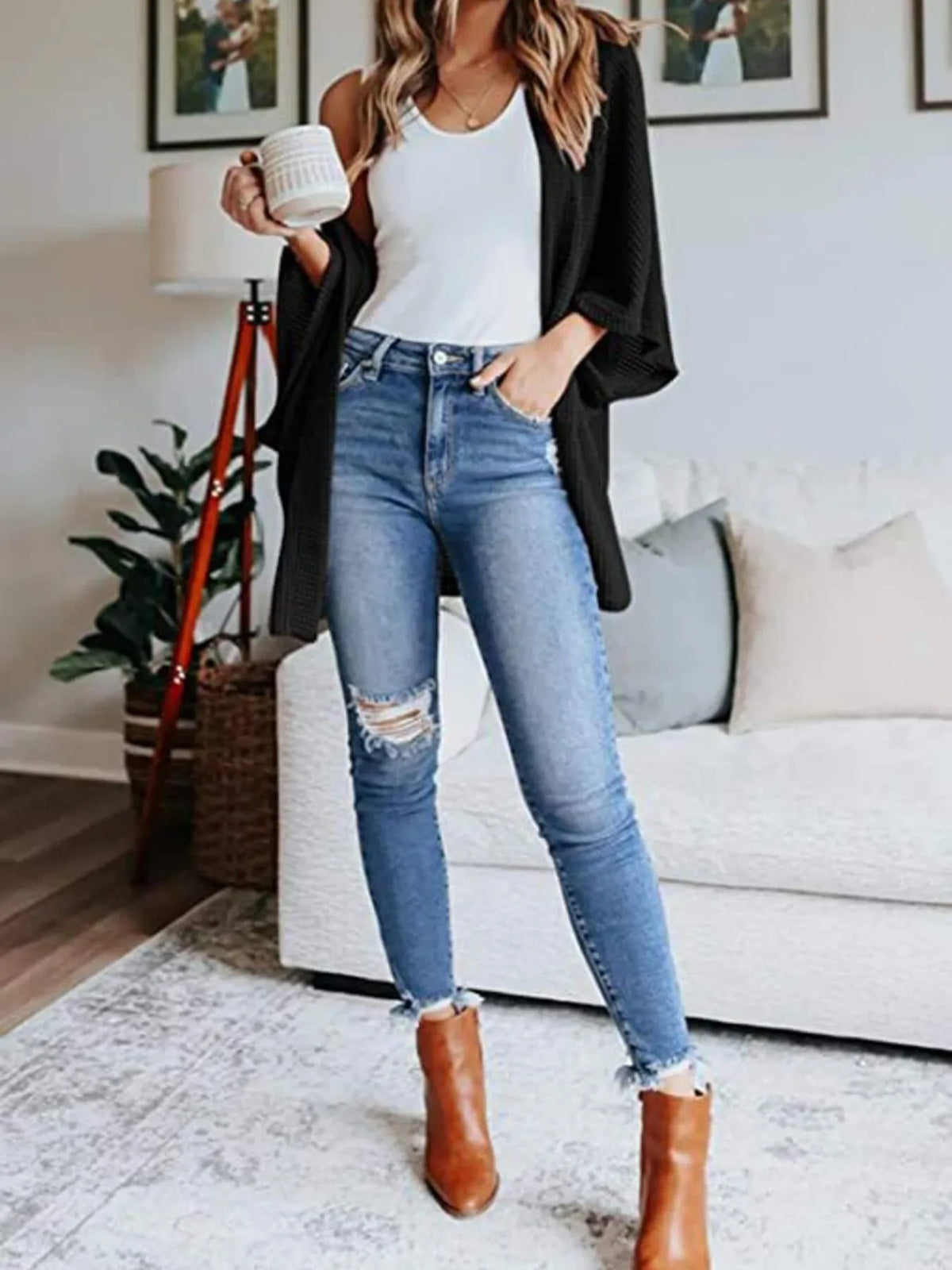 waffle knit open front plus size cardigan full length view