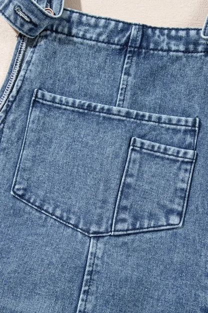 Distressed Bib Pocket Wide Leg Denim Overalls - Fashorio