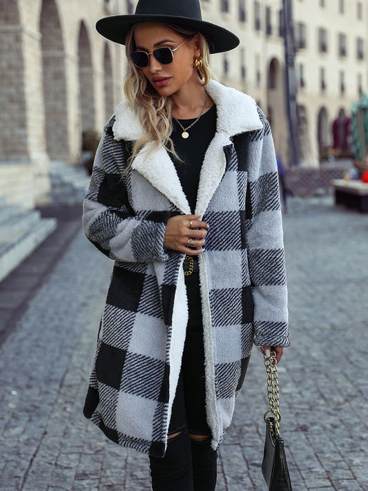 Plaid Open Front Coat with Pockets Black - Fashorio