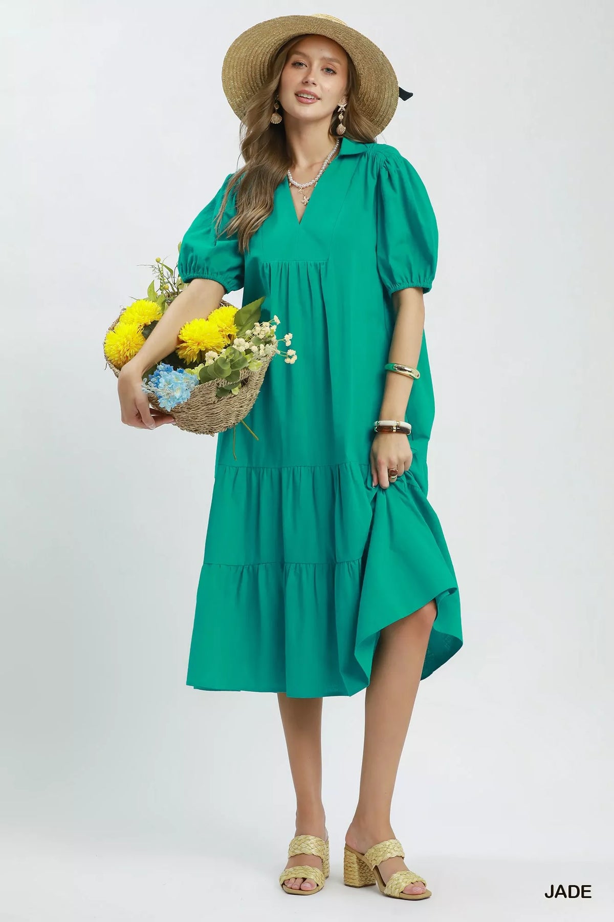 Jade green solid tiered midi dress styled view