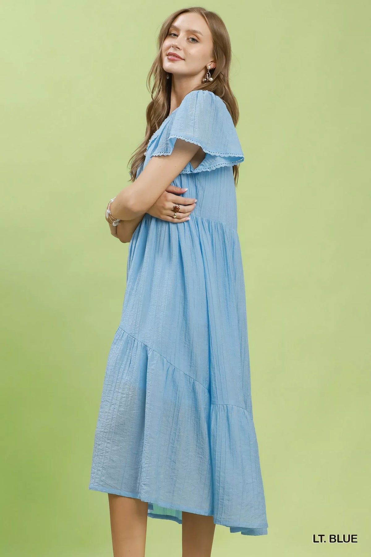 Light blue textured lace trim tiered midi dress side view