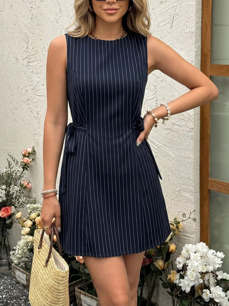 navy striped sleeveless tie waist dress front view