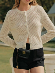 Openwork Button Up Long Sleeve Cardigan Beige - Fashorio