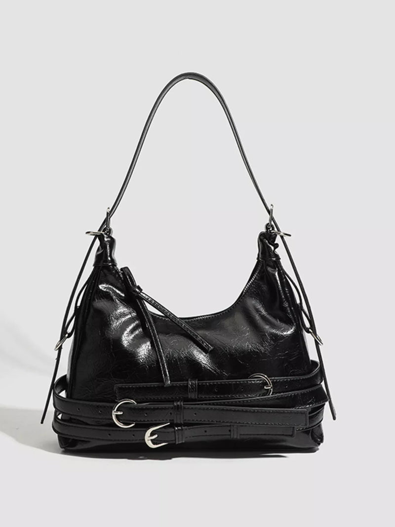 Black buckled strap leather shoulder bag front view