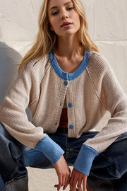 Double Take Contrast Button Up Long Sleeve Cardigan Dust Storm - Fashorio