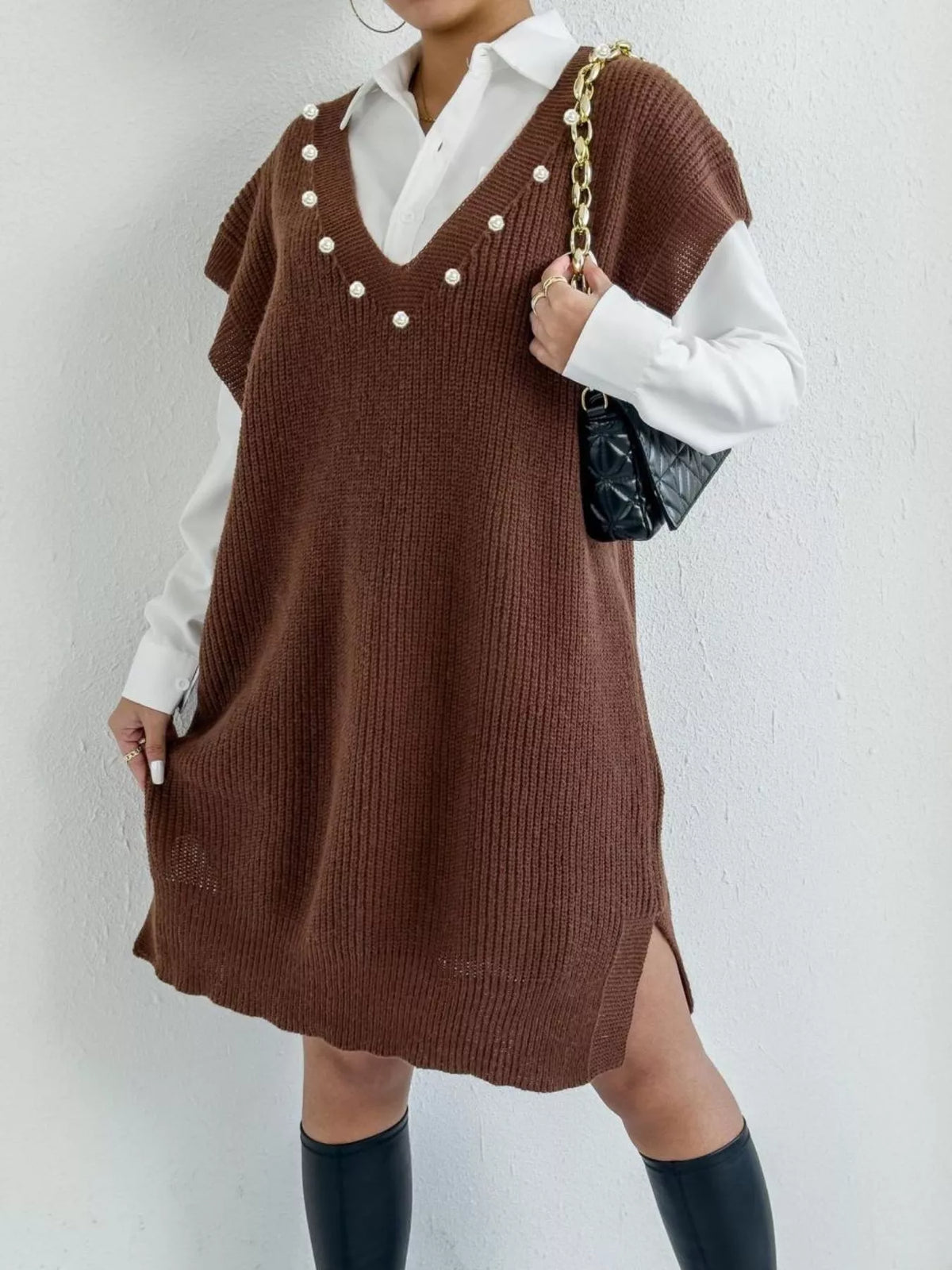 slit v neck sweater dress front view