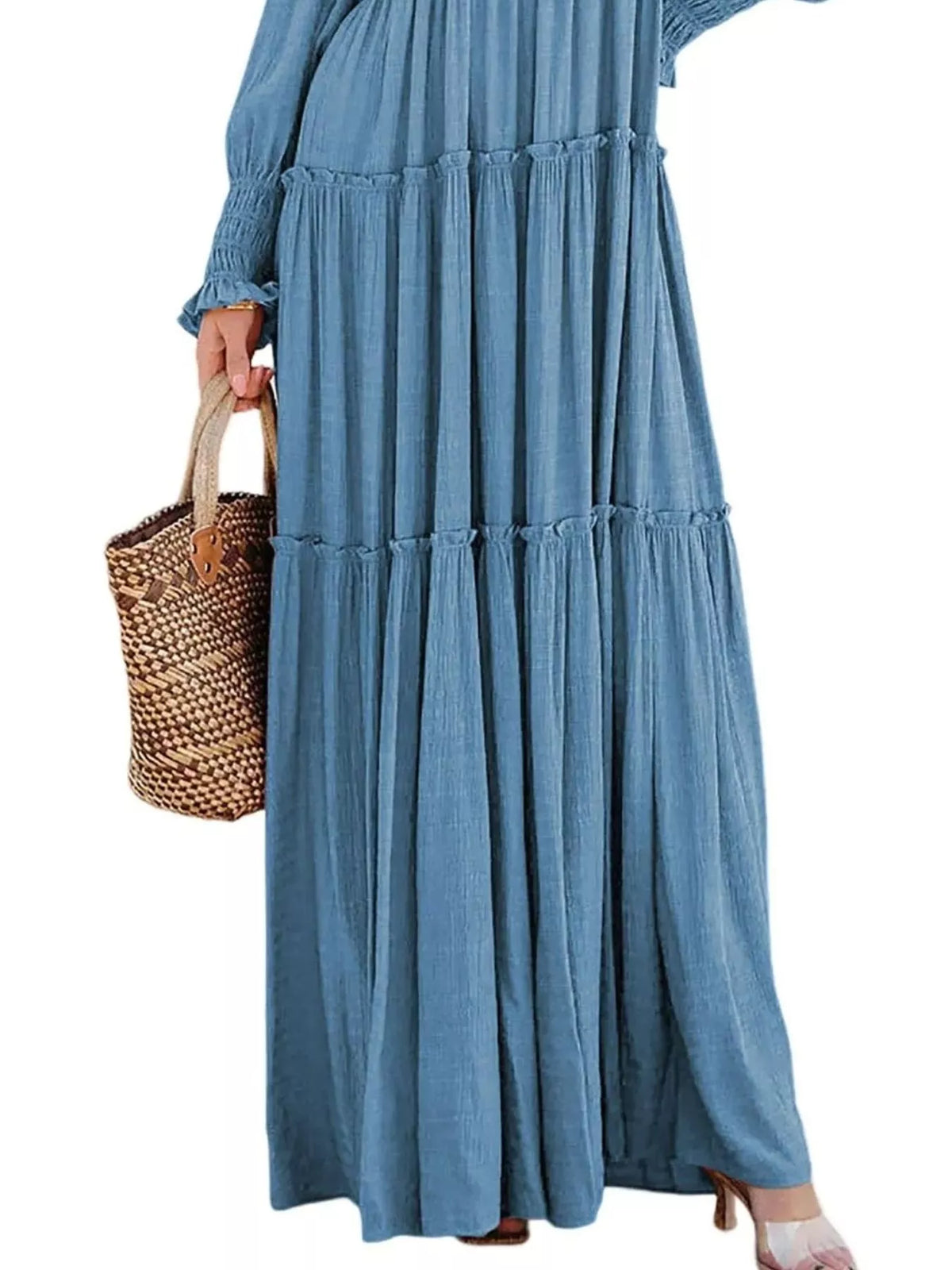 v neck long sleeve tiered maxi dress fabric texture 2