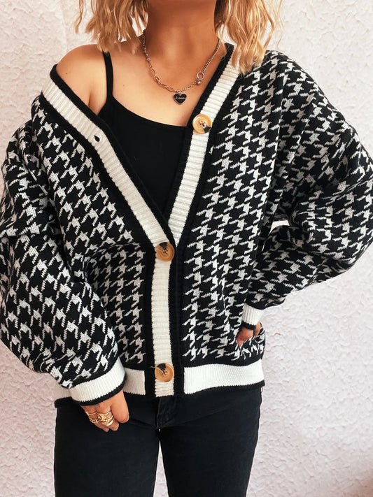 Houndstooth Pattern V-Neck Button-Up Cardigan Black One Size - Fashorio