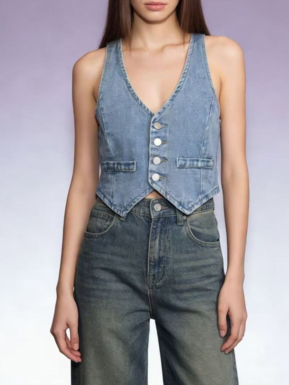 Button Down Denim Vest in Light Blue styled look