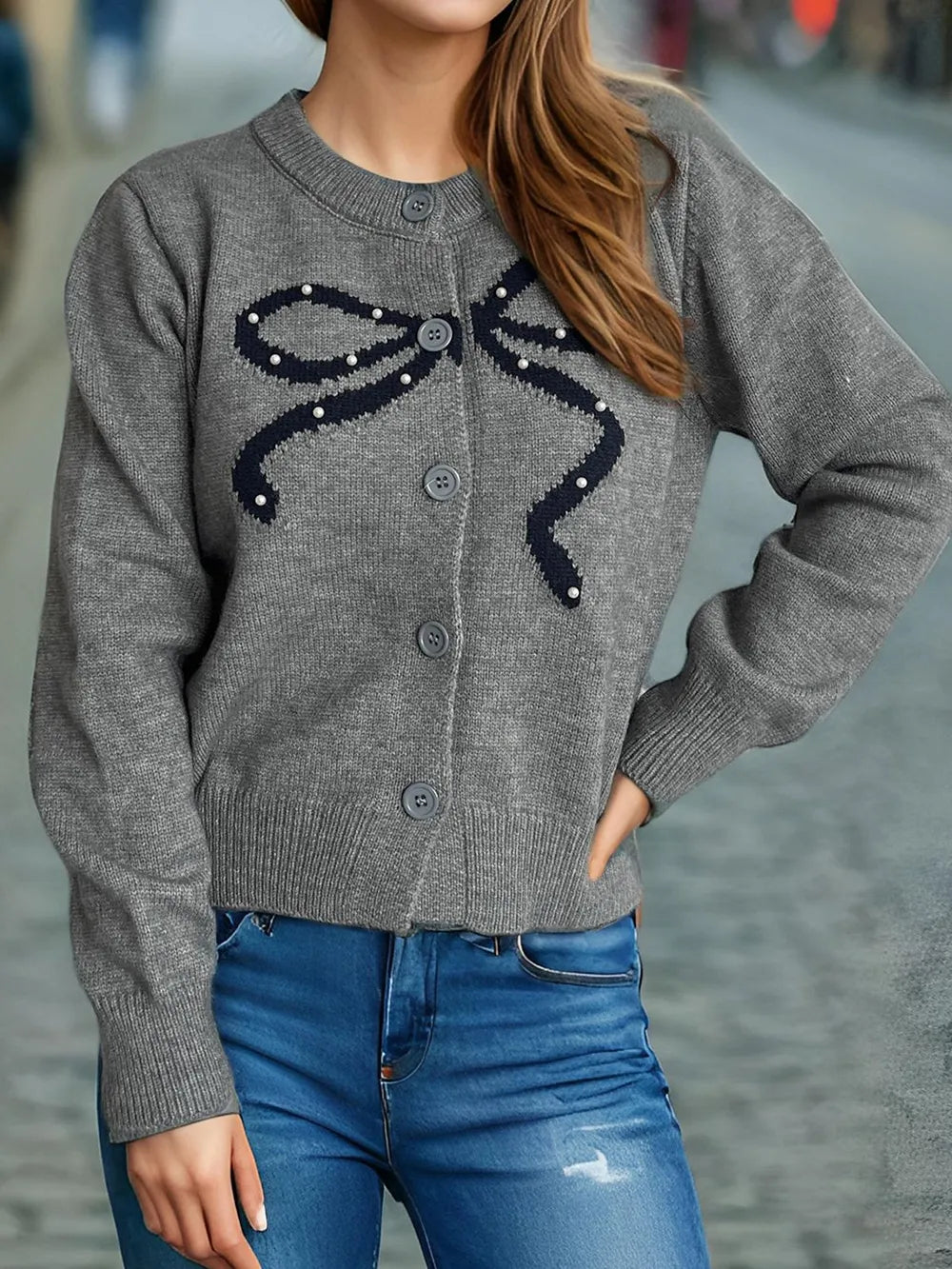 Bow Button Down Round Neck Cardigan - Fashorio