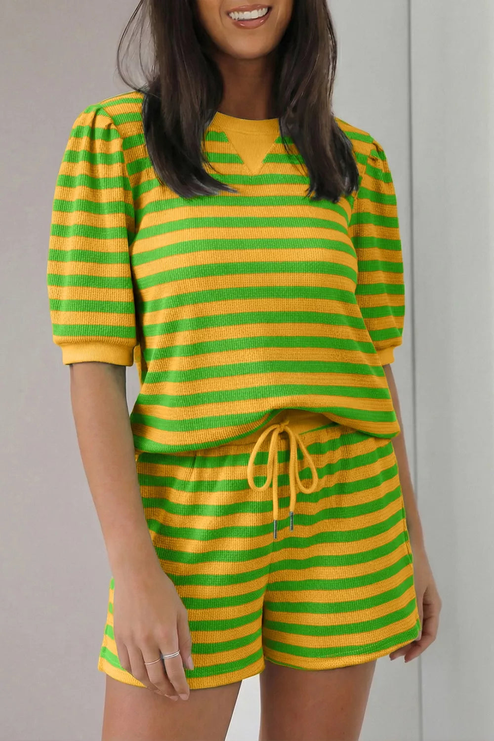 Striped puff sleeve top and shorts two piece set front view