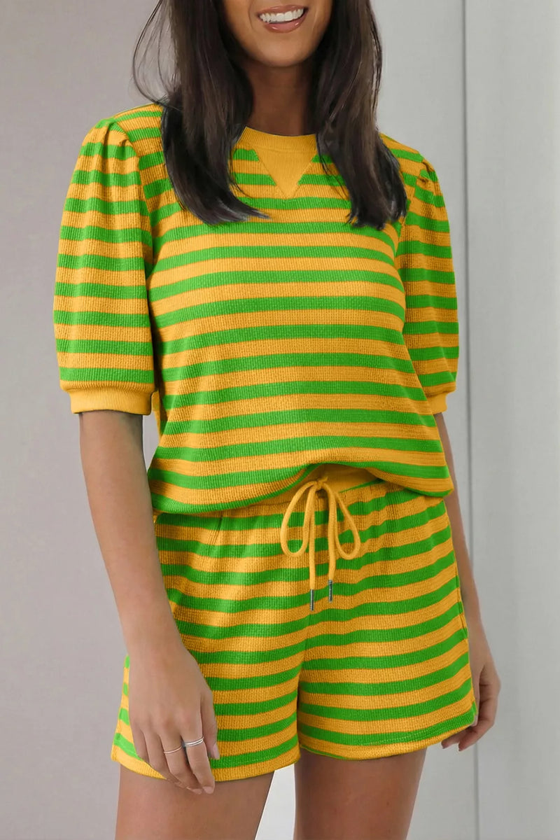 Striped puff sleeve top and shorts two piece set front view