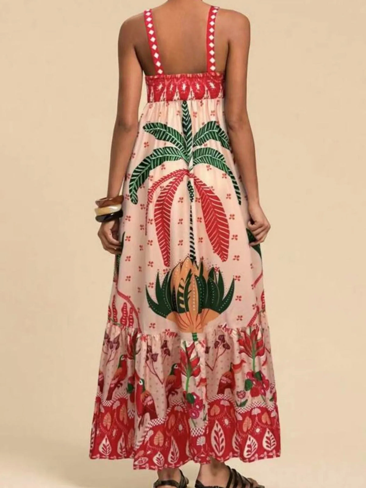 Tropical print maxi cami dress, skirt movement detail