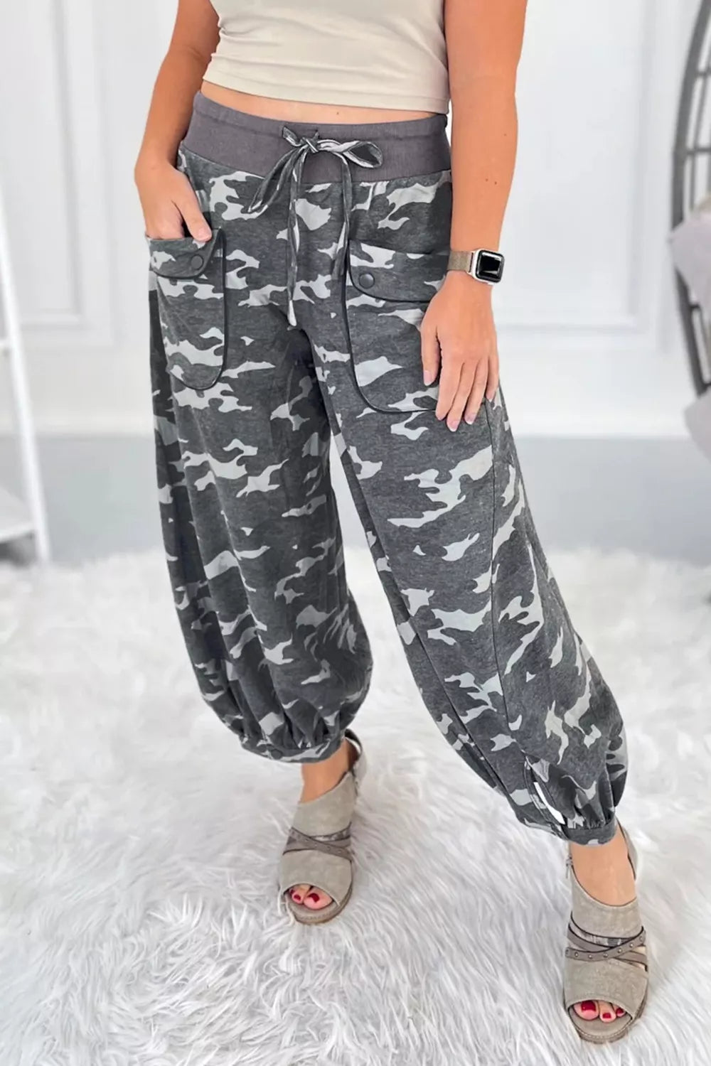 Camouflage cargo barrel pants styled view