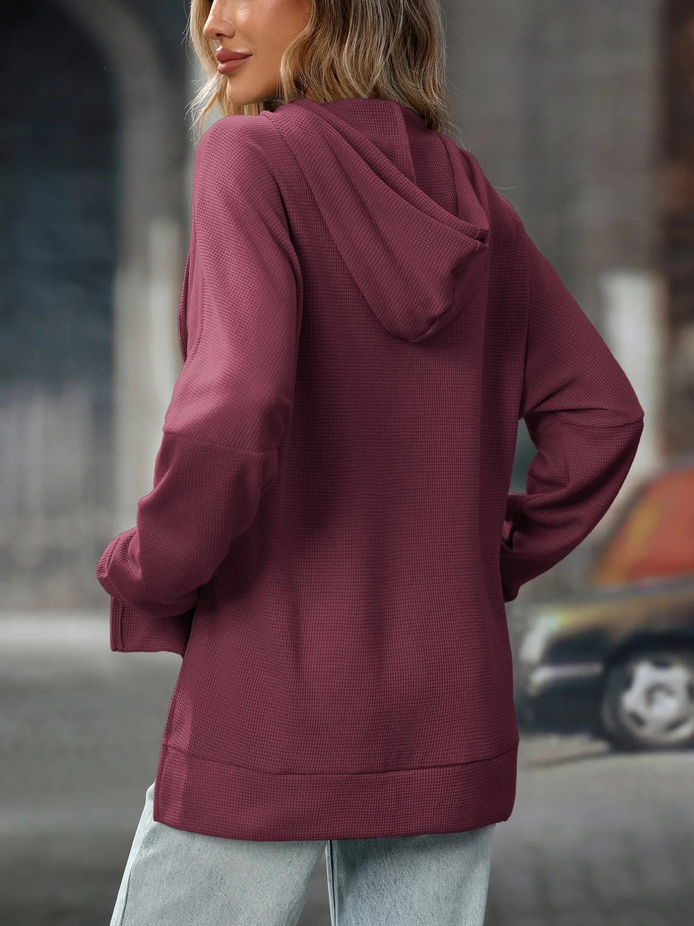Textured Drawstring Long Sleeve Hoodie - Fashorio
