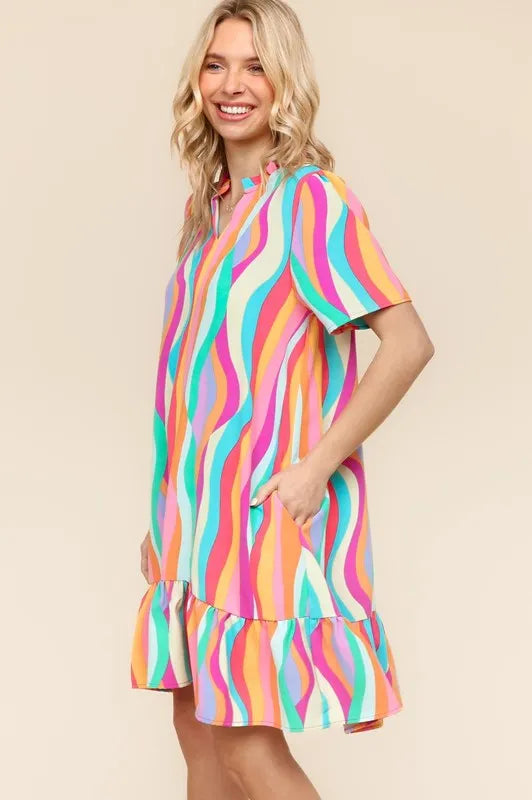 Tiered Woven Ruffle Hem Dress in Multi Color back view