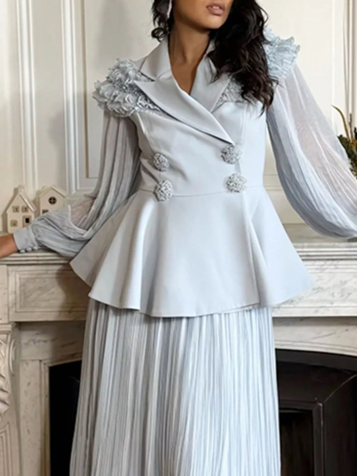 Ruffle collar blouse and pleated skirt two piece set