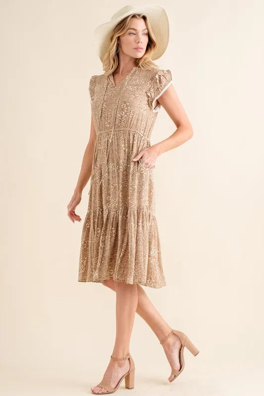 Boho printed tiered maxi dress in taupe detail view