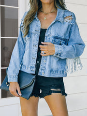 Distressed Fringe Denim Jacket Light Blue - Fashorio