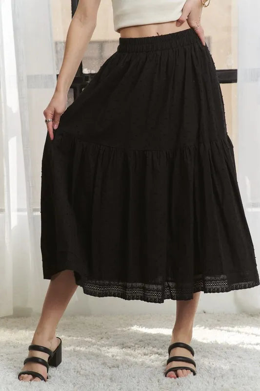 ADORA Elastic Waistband Tiered Midi Skirt - Fashorio